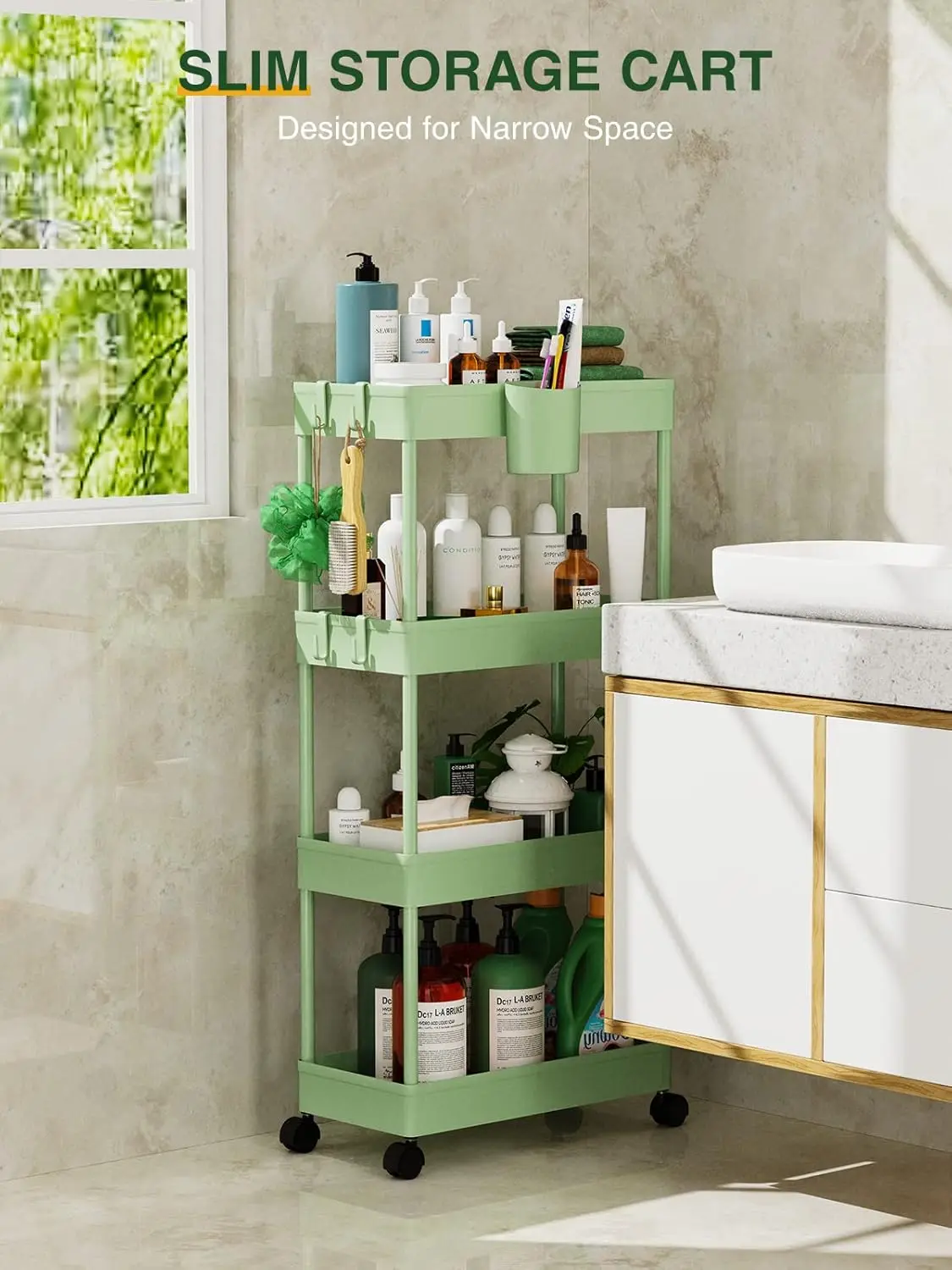 Slim Rolling Storage Cart - 4 Tiers Bathroom Organizer Utility Cart Slide Out Storage Shelves Mobile Shelving Unit for Kitchen