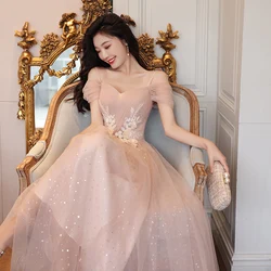 Pink Bridesmaid's Dress Elegant Applique Sequins Classic Tulle A-line Wedding Female Guests Dresses Women Evening Vestidos