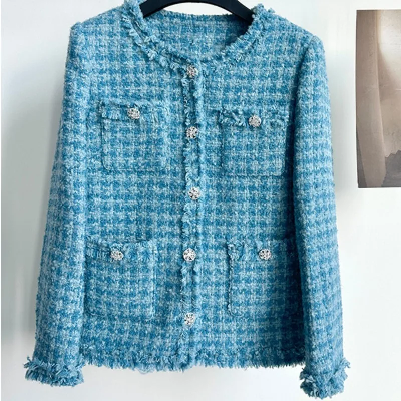 

Blue and white plaid tweed coat 2024 new spring/fall women's fringe coat