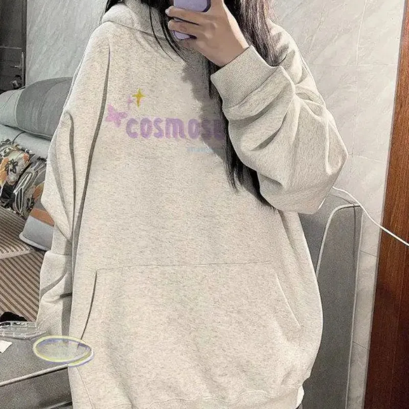 Women Hooded Hoodies Autumn Winter Plus Velvet Letter Printing Pockets Simple Loose Casual Coats Keep Warm Cozy Windbreak Chic