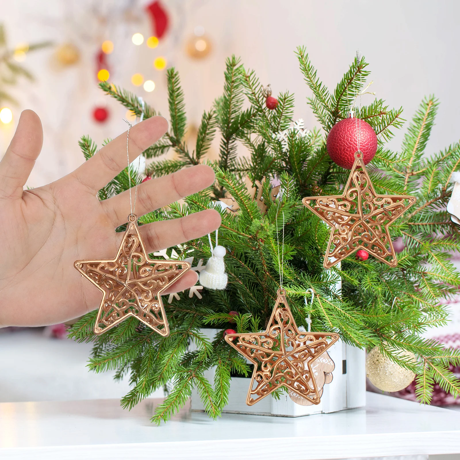 

18 Pcs Decor Glittering Star Decoration Golden Treetop Ornaments Wooden Hanging Stars Decorations Five Pointed Decorative