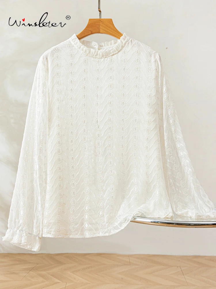 

Winsleter-100%Real Silk Elegant Shirt, O Neck Ruffles Embroidery, Women French Retro Chic Loose Blouse, 2025 Winter New T5N573CC