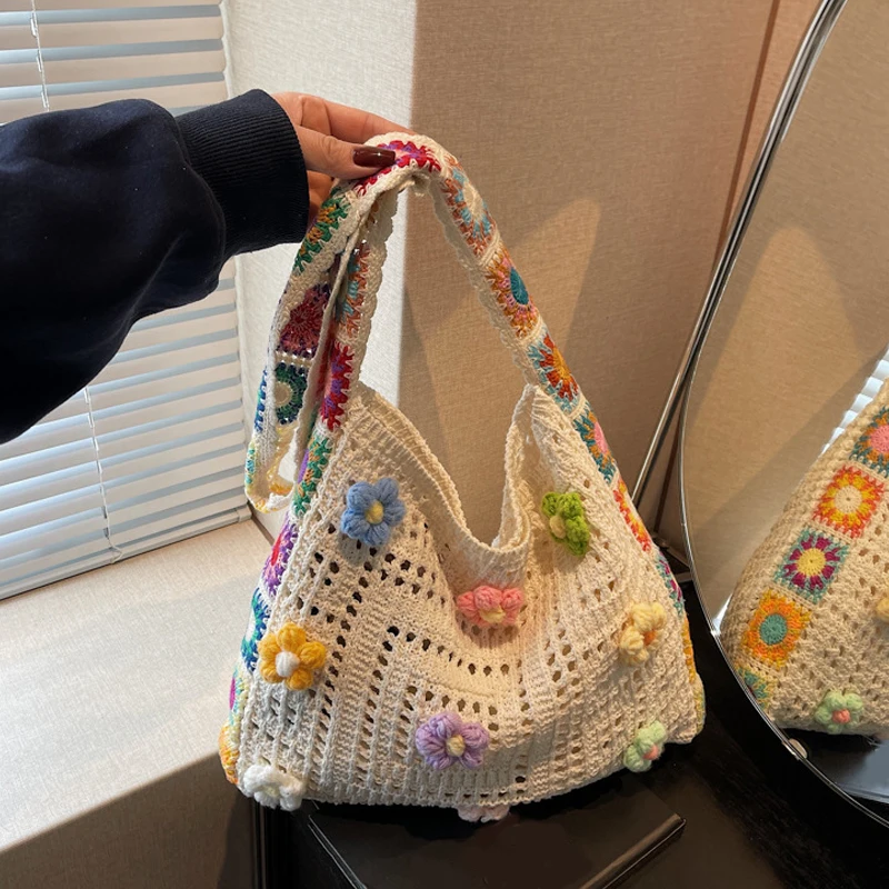 Niedliche Strick-Einkaufstasche für Damen, verschleißfest, schöne gewebte Umhängetasche, stilvolle Strick-Umhängetasche, Urlaub am Meer, Einkaufen, Strandtasche