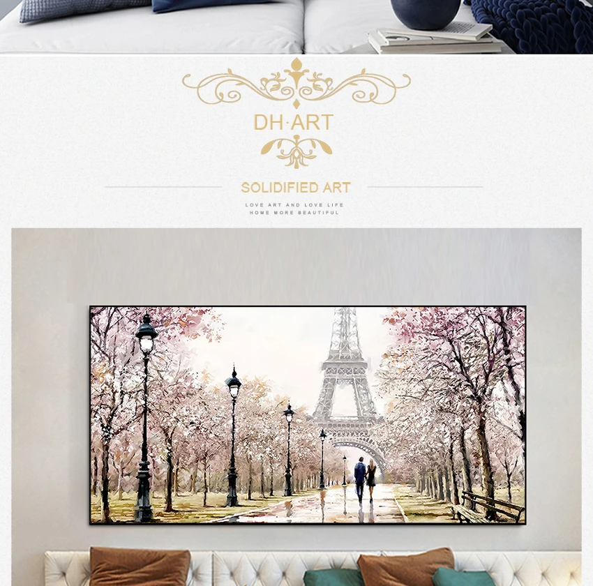 Abstract Oil Painting on Canvas Poster Print Wall Picture for Living Room Romantic City Couple Paris Eiffel Tower Landscape
