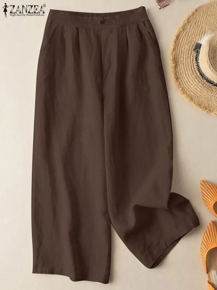 ZANZEA Solid Pure Cotton Pants Women Fashion Vintage Long Trousers Summer Casual Wide Leg Pant Female High Waist Pantalon 2023