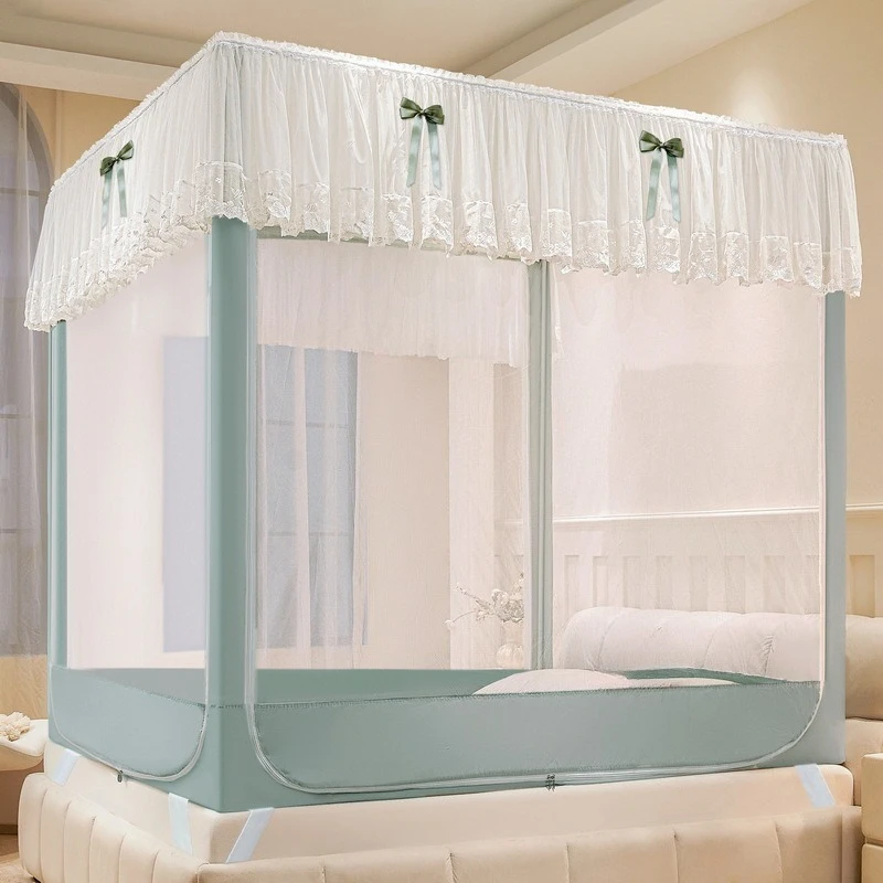 Bed Canopy Mosquito Net With Zipper Enclosed Princess Style Lace Trim Dustproof Breathable Mesh For Bedroom Home