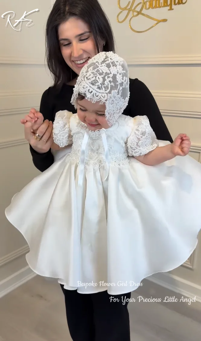 Baby Baptism Gown Lace Beaded Bodice Satin Knee Length Matching Lace Bonnet Christening Formal Gowns Customized