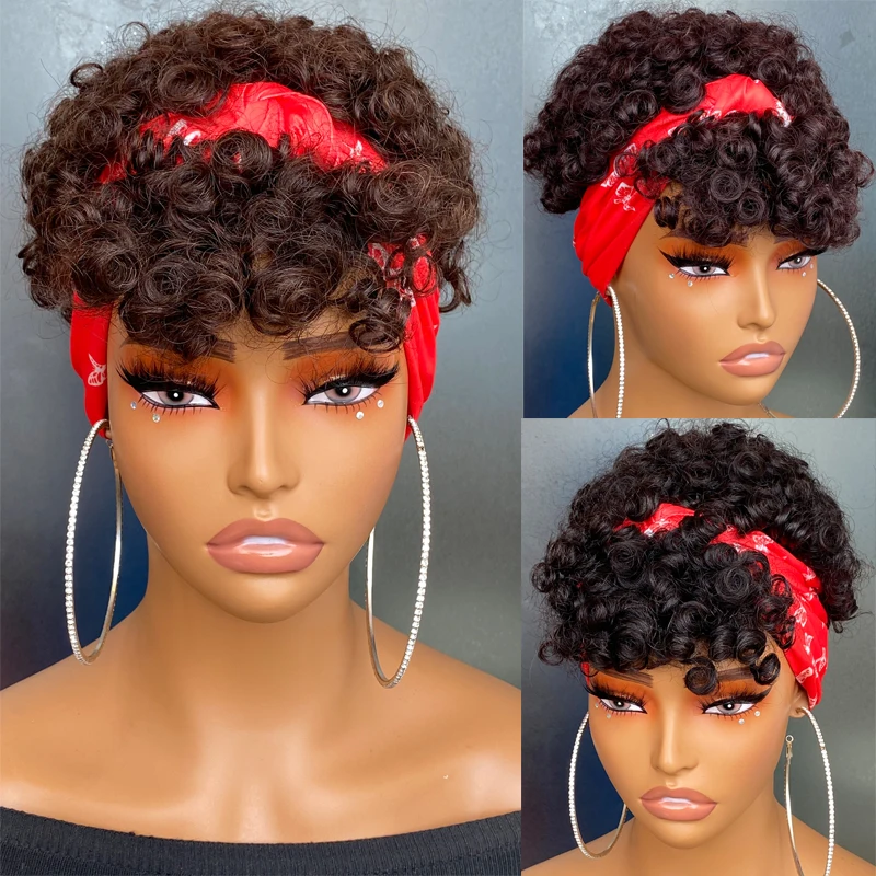 

Short Coily Afro Curly Hair Bun Wig with Bangs Human Hair Drawstring Ponytail Extension Hairpiece Full Machine Made Wig