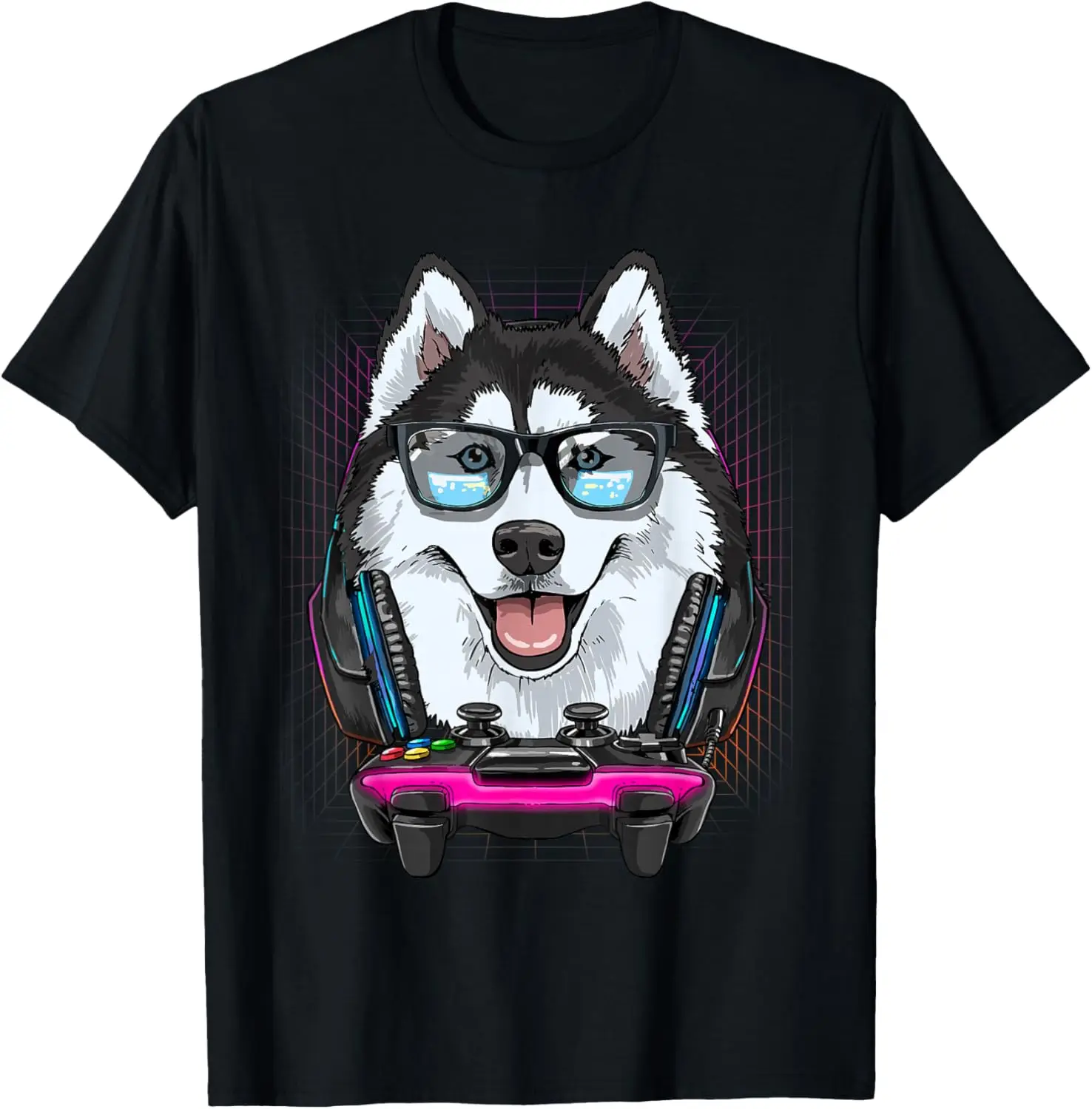 

Husky Gamer Dog Wearing Glasses Headset Funny Video Game Lover Graphic Tee