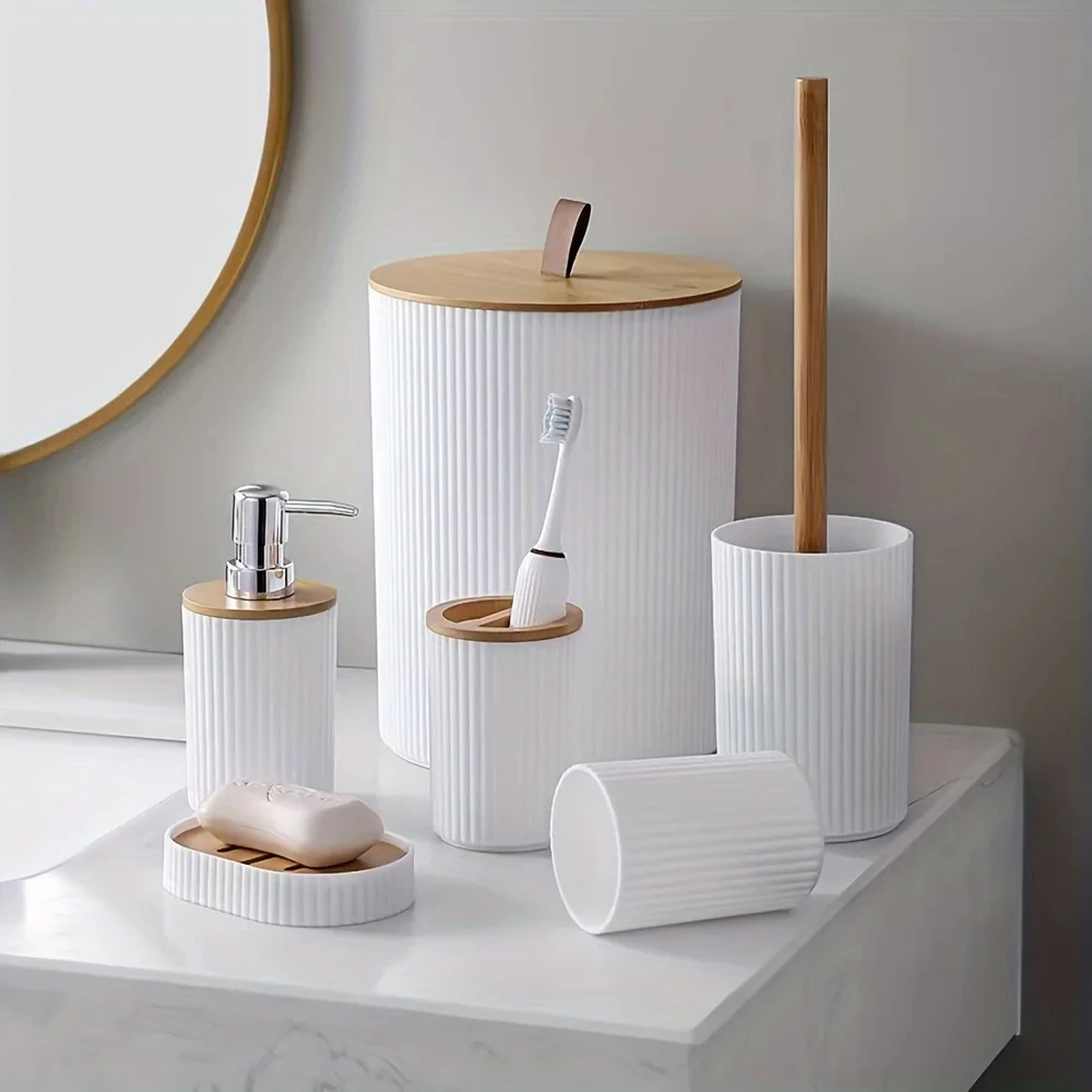 6 Pcs Bathroom Accessory Set With Trash Can Toothbrush Holder Lotion Soap Dispenser Soap Dish Toilet Brush Bathroom Tools