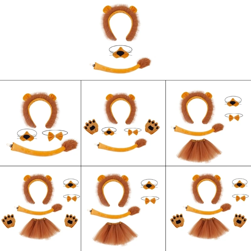 95AB Bambini Bella Leone Set Cosplay Orecchie Leone Fascia Coda Zampe Leone Guanti Bowtie Gonna Tutù Halloween Costume in