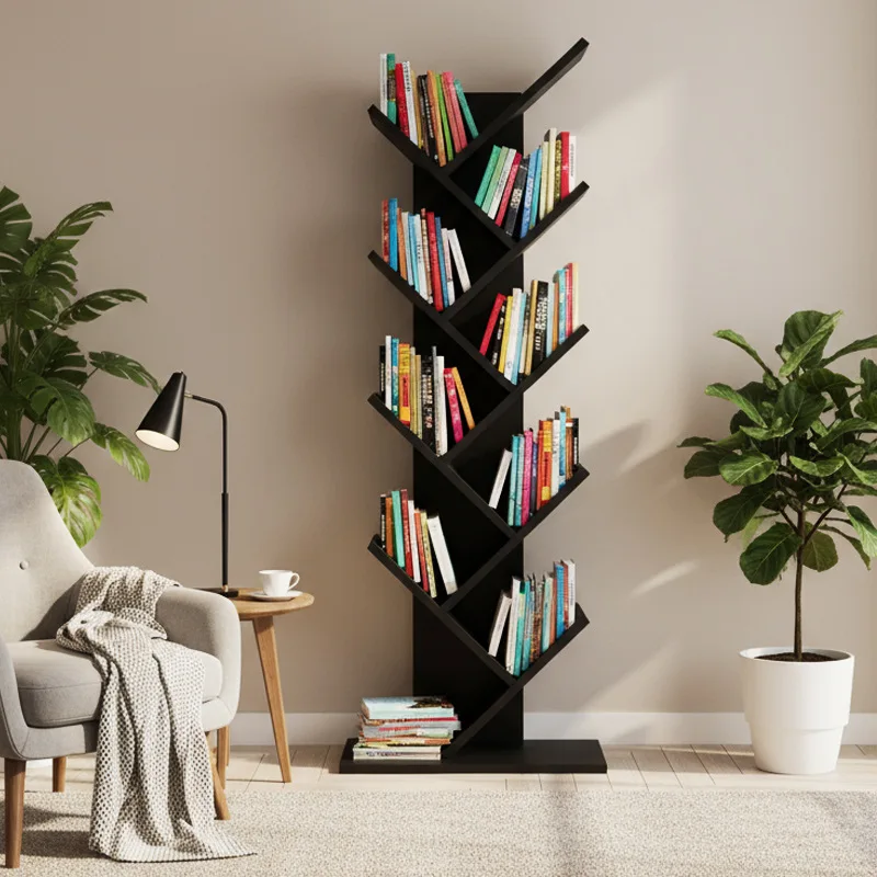 Floor-to-ceiling tree-shaped bookshelf, integrated floor-to-ceiling storage shelf