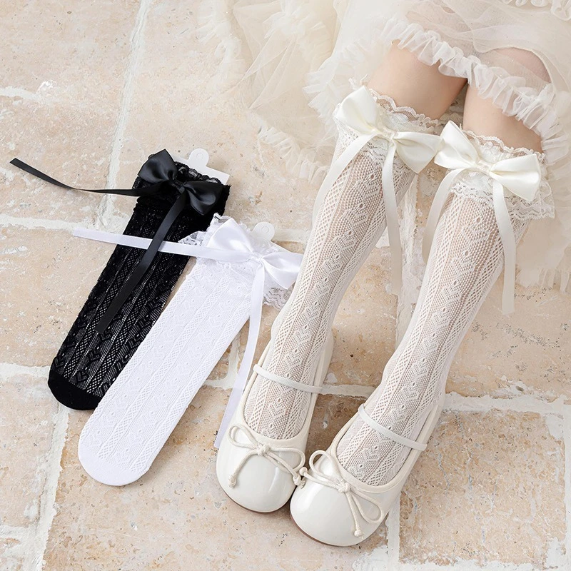 

Kids Girls Lace Calf Socks Hollow Out Mesh with Satin Bow Ruffled Trim Lolita Style Casual Princess Socks for Daily Party A2407