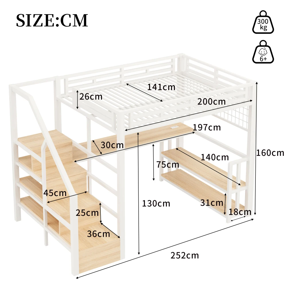 Multifunctioneel hoogbed met ijzeren frame, 140×200cm, ruimtebesparend bed met bureau, opbergruimte, trap, LED & 2 USB+1 Type-C