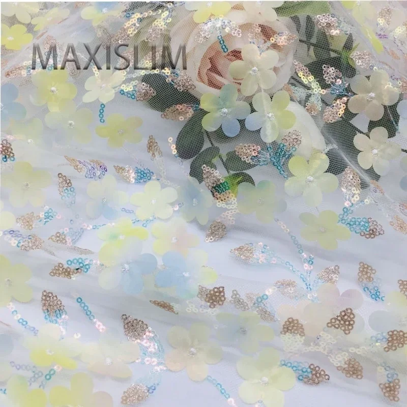 Spot 6 Colors Printed Laser Embroidered Sequin Fabric Children's Clothing Dresses 3D Flower Mesh Fabric Pearl Embroidered Fabric