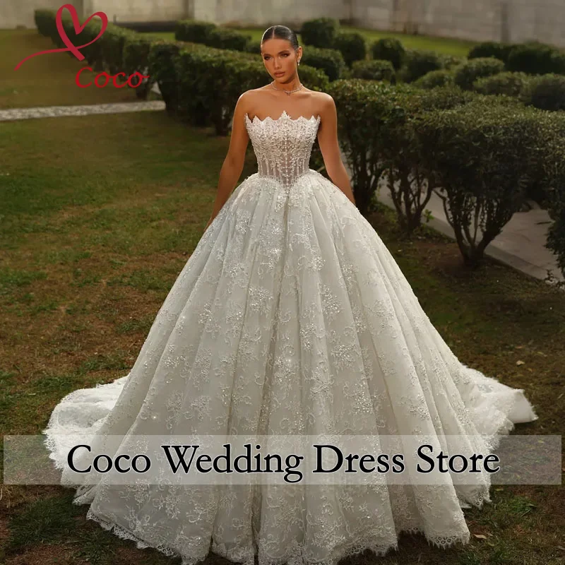 Customised Luxury Beading Embroidery Ball Gown Wedding Dress Romantic Sweetheart Court Train Sparkling Princess Bridal