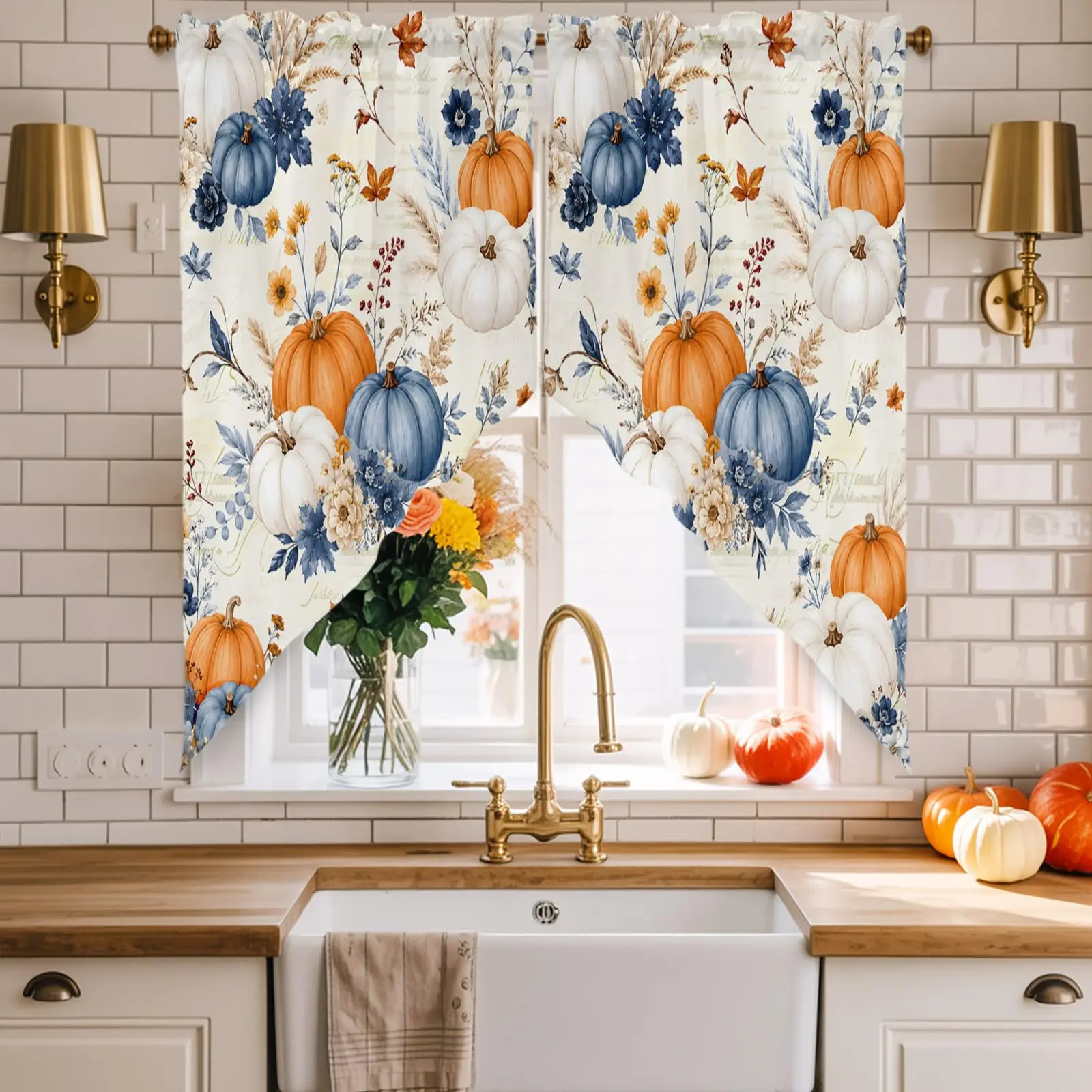 Orange Blue Pumpkin Swag Valance, Floral Botanical Rod Pocket Curtain 2 Panels, Thanksgiving Fall Kitchen Cafe Living Room Decor
