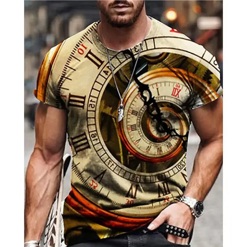 Men Vintage Spiral Clock 3D Print Short Sleeve T-Shirt Crew Neck Casual Streetwear Tops 2 Styles Available