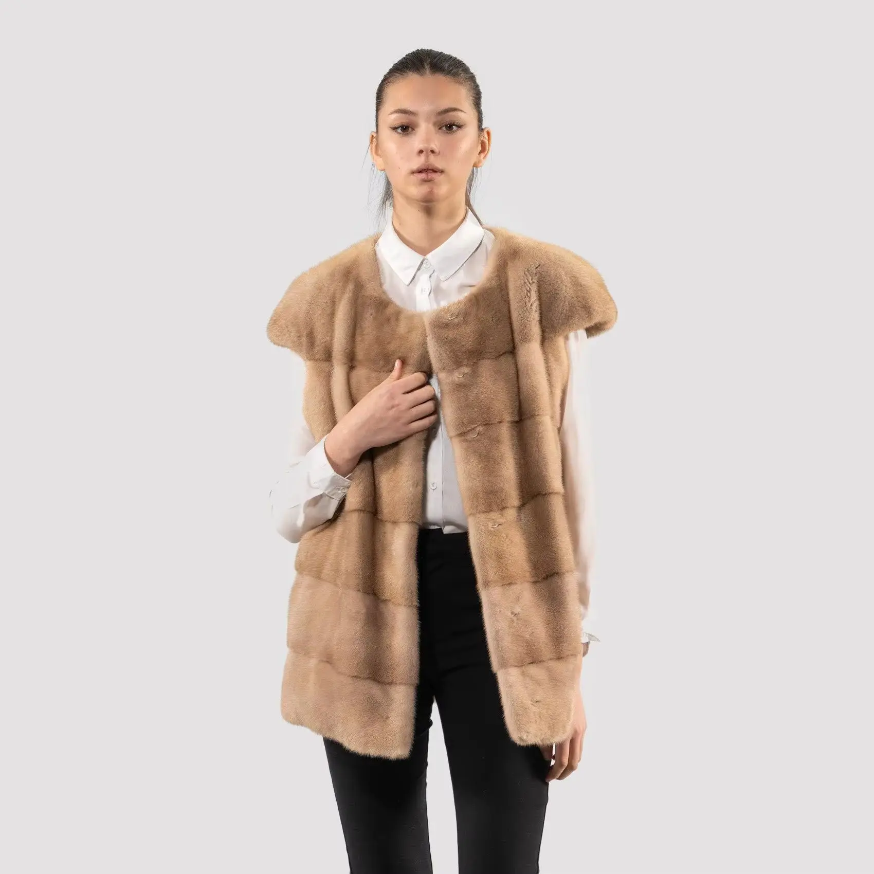 Laur 2026 Women Faux Mink Fur Vest Round Neck Sleeveless Horizontal Stripe Medium Length Winter Fur Waistcoat