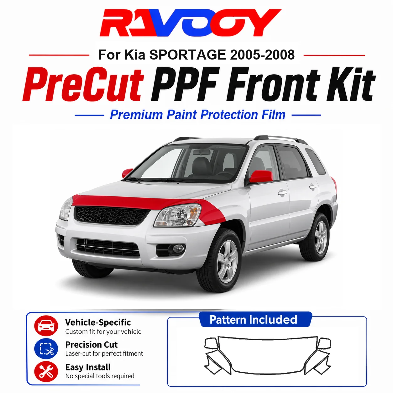Kit de Película Protetora (PPF) de TPU Pré-cortada de 8.5mil para Kia SPORTAGE 2005-2008 - Conjunto para Capô, Para-lamas e Espelhos - Película Transparente Autorregenerativa