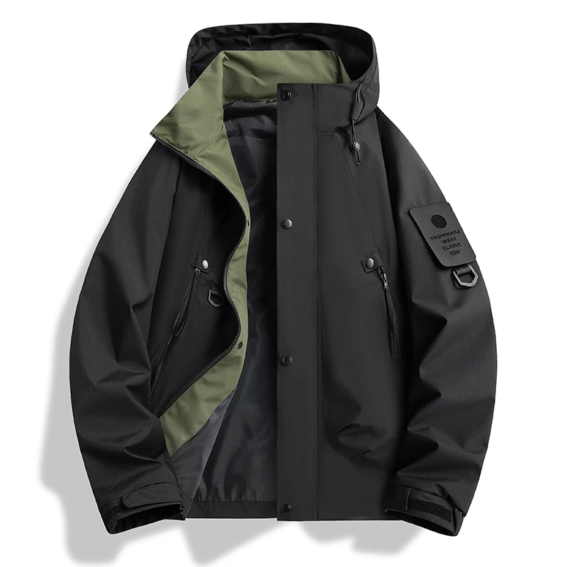 Men Hooded Waterproof Windbreaker Jacket Zip‑Up Snap Button Arm Patch Design Multi‑Pocket Loose Fit Outdoor Hiking Camping Daily