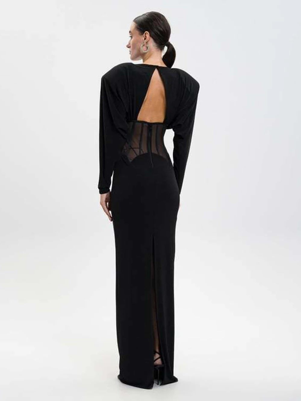 فستان نسائي أوروبي وأمريكي بكتف أسود على شكل هيكل السمكة وزر ماسي ورقبة دائرية فساتين سهرة أنيقة بفتحة #6