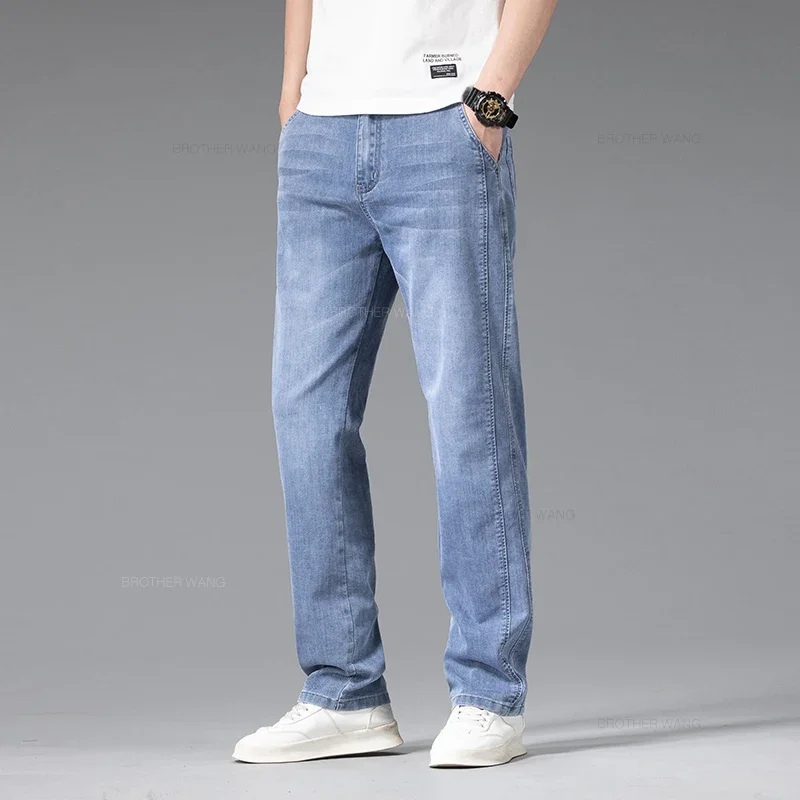 Summer Thin Men\'s Loose Jeans Blue Gray Elastic Waist Stretch Straight Fashionable Light Business Casual Denim Long Pants Male