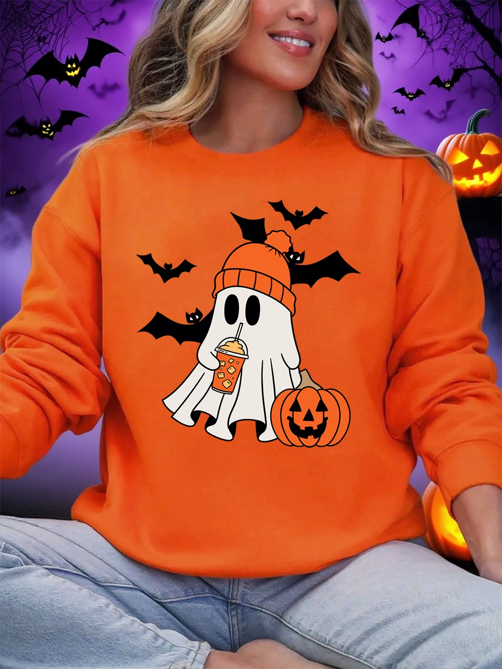 هالوين شبح الخفافيش اليقطين يطبع البلوز المرأة الشتاء الصوف الدافئة هوديي Crewneck فضفاض البلوز ملابس مريحة غير رسمية