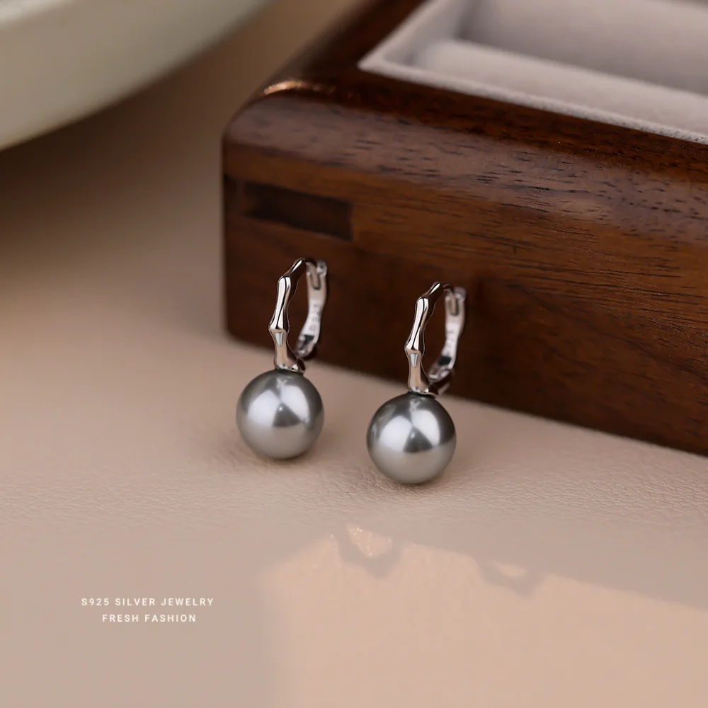 

European Bamboo Knot Pearl S925 Pure Silver Hoop Earrings Women High End Charm Banquet Jewelry