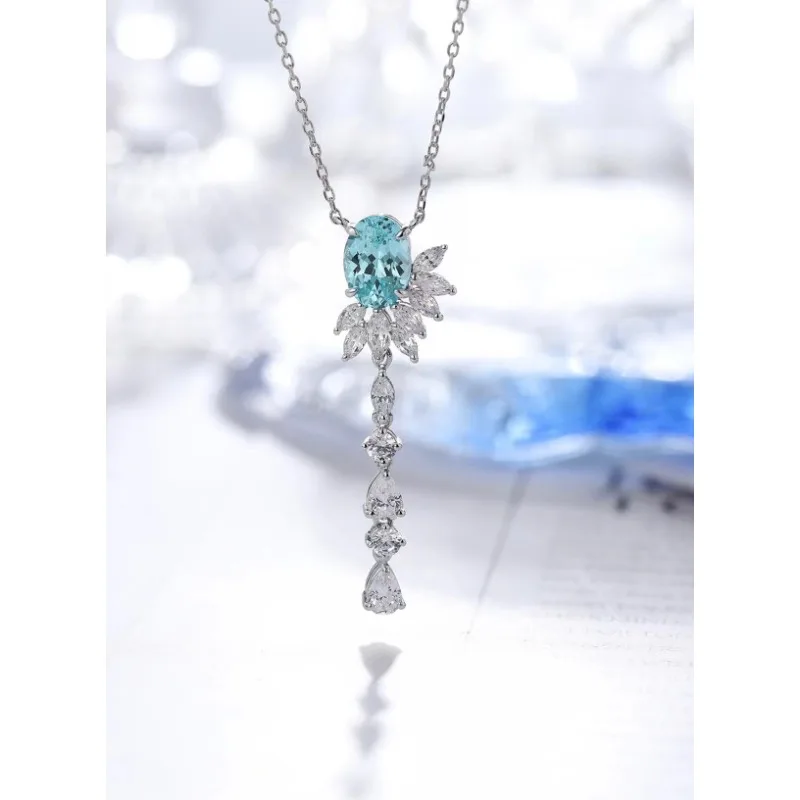 

Ruihe New Fashion 2.67ct Lab Grown Paraiba Sapphire Simulated Diamond Zirconia Pendant Necklace 925 Silver Jewelry Women