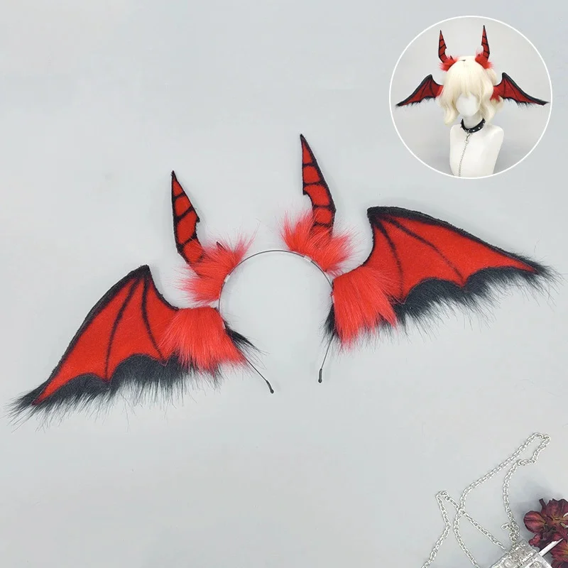 Fatto a mano Rosso Peloso Diavolo Pipistrello Fascia Orecchie di animali di Halloween Copricapo peloso Subcultura Ragazza Notte Festa Inferno CoolCosplay Puntelli