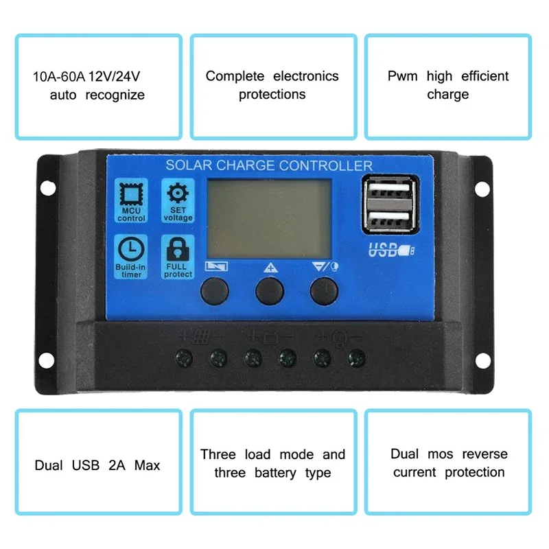 10A-100A PWM Solar Charge Controller 12V/24V Auto Solar Panel Battery Charge Controlles Voltage Regulator USB 5V Charging