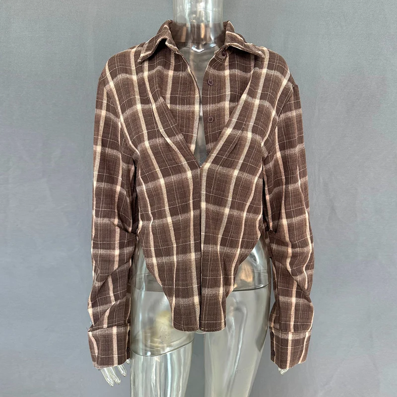 Tornova Sexy Plunge Plaid Shirt Top Women Fashion Irregular Splice Loose Blouse 2025 Fall Winter Ins Hot Long Sleeve Lady Shirt