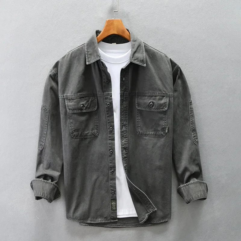 Winter Fall Fashion Men's Multi Pocket Patchwork Vintage Cargo Shirt Solid Color Long Sleeve Cotton Loose Daily Tops Blouse