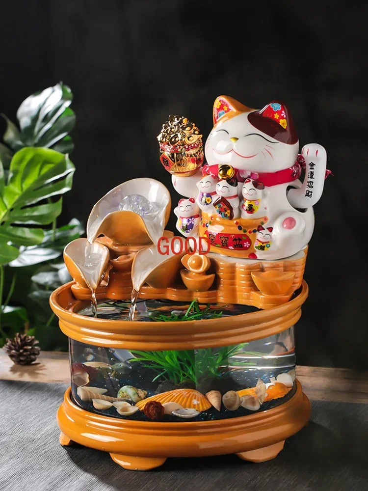 Flowing Water Glass Fish Tank Living Room Landscape Fountain Feng Shui Waving Cat Ceramic 1