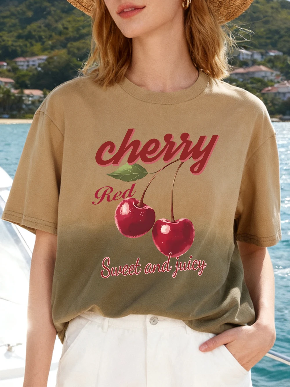 

Red Cherries Printing Women Gradient Tie Dye T-Shirts Casual Soft T Shirts Short Sleeve O-Neck Summer Tops Oversized Clothes