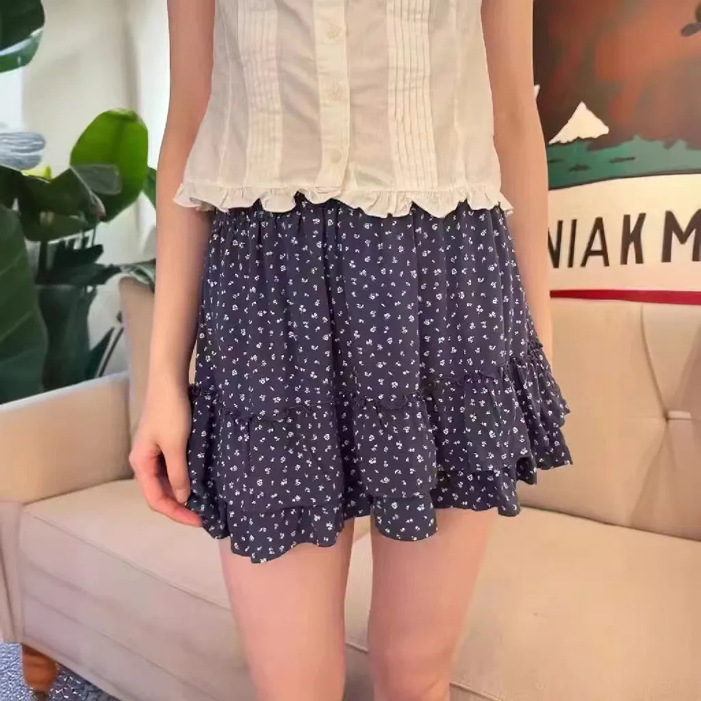 กระโปรงทรงเอเอวสูงลายดอกไม้ ยางยืด แบรนด์ใหม่สำหรับผู้หญิง กระโปรงทรงบอดี้ พลีททรงเค้ก ผ้าโพลีเอสเตอร์