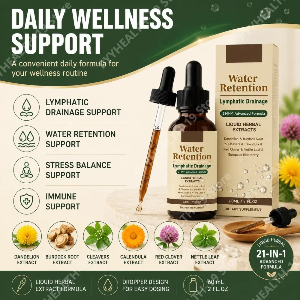 Water Retention Lymphatic Drainage Drops with Dandelion, Burdock & 7 Herbs for Fluid Balance & Immune Support, Adults, 60 ML