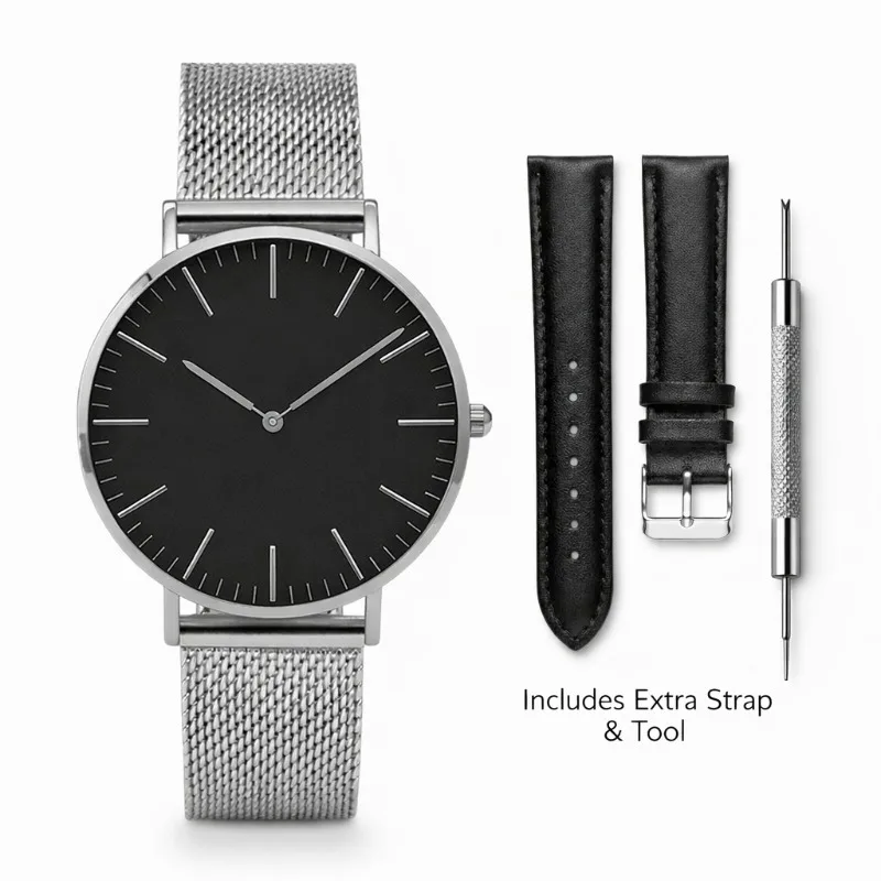 Fashion Simple Metal Mesh Women's Watches Luxury Ladies Quartz Clock with Replacement Leather Strap, Watch Removal Tool