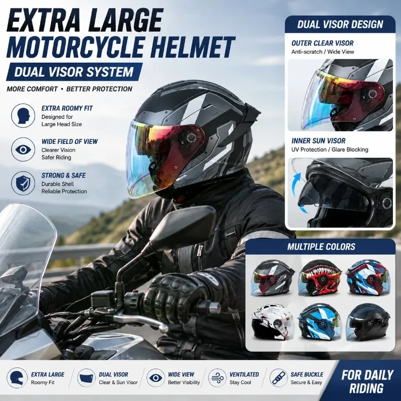 Extra Large Motorcycle Helmet Dual Visor Open Face Riding Helmet Big Head Size Wide View Scooter Motorbike Helmet
