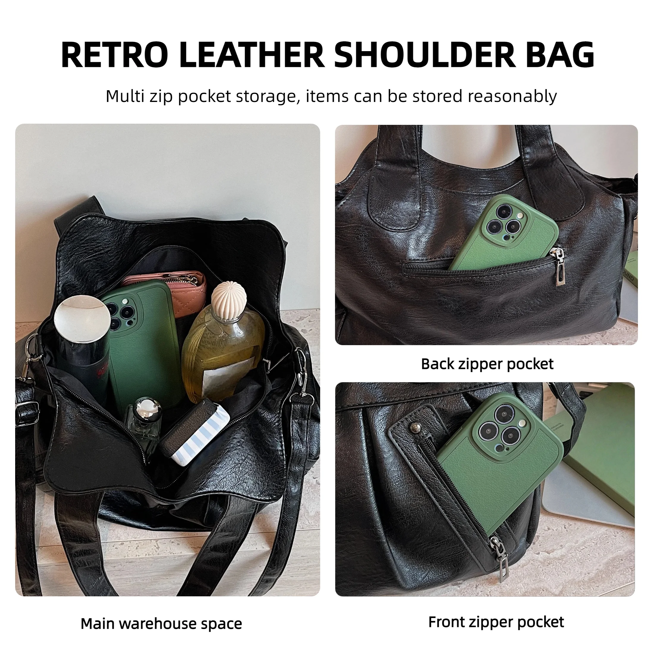 Vintage PU-Leder Tragetasche für Damen, Große Kapazität, Casual Tragetasche, Damen Schulter- und Umhängetasche für Arbeit, Reisen und den täglichen Gebrauch – Detail 15