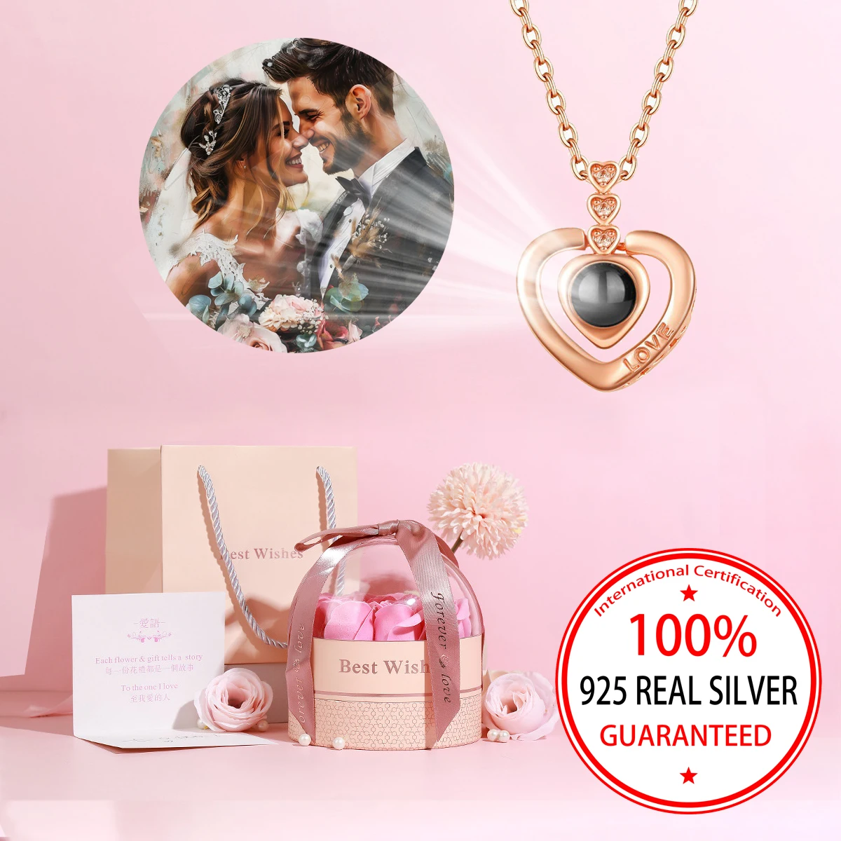 S925 Silver Custom Photo Projection Necklace With Rose Flower Gift Box For Women Girlfriend 2025 Christmas Valentine Day Jewelry