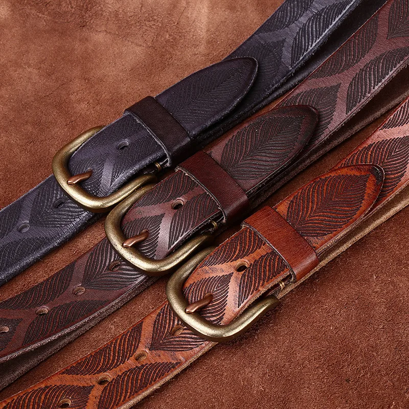 3.8CM Embossed Leather Belt Men Genuine Leather Top Layer Cowhide Pin Buckle Belt Male Business Designer Belt Cinturones Hombre