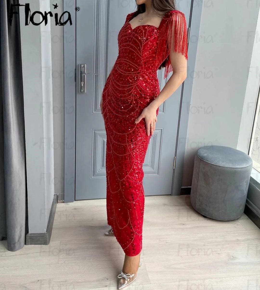 Floria Red Midi Long Celebrity Dress Cap Sleeve Tassel Ankle Length Beading Party Gowns Bride Wedding Events Dresses Sweetheart