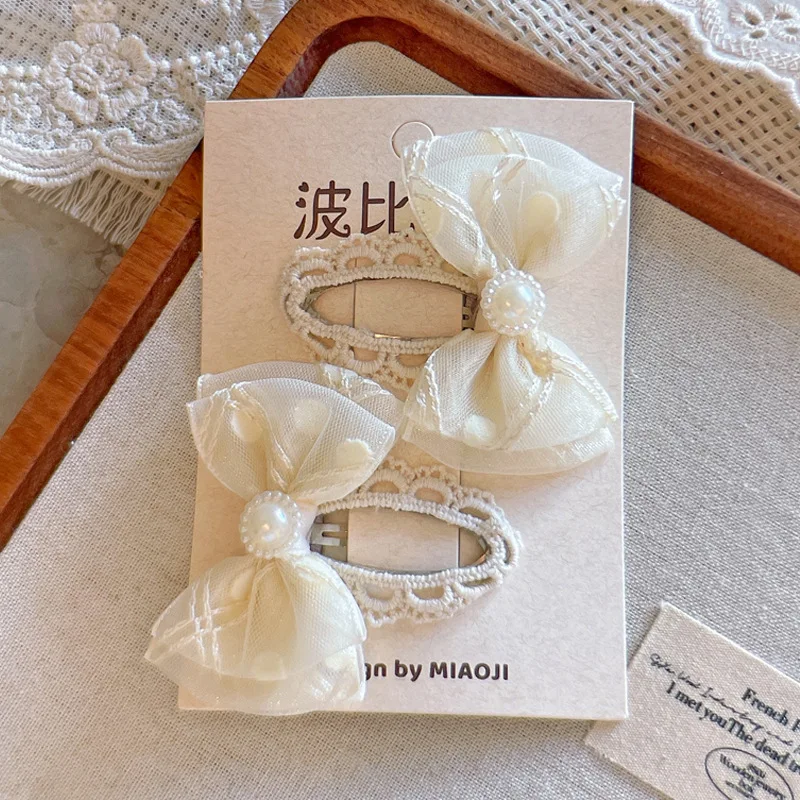 Minimalist Beige Hair Barrettes Korean BB Clip with Lace Pearl Accents Elegant Aesthetic Hair Clips for Women Girls image 4