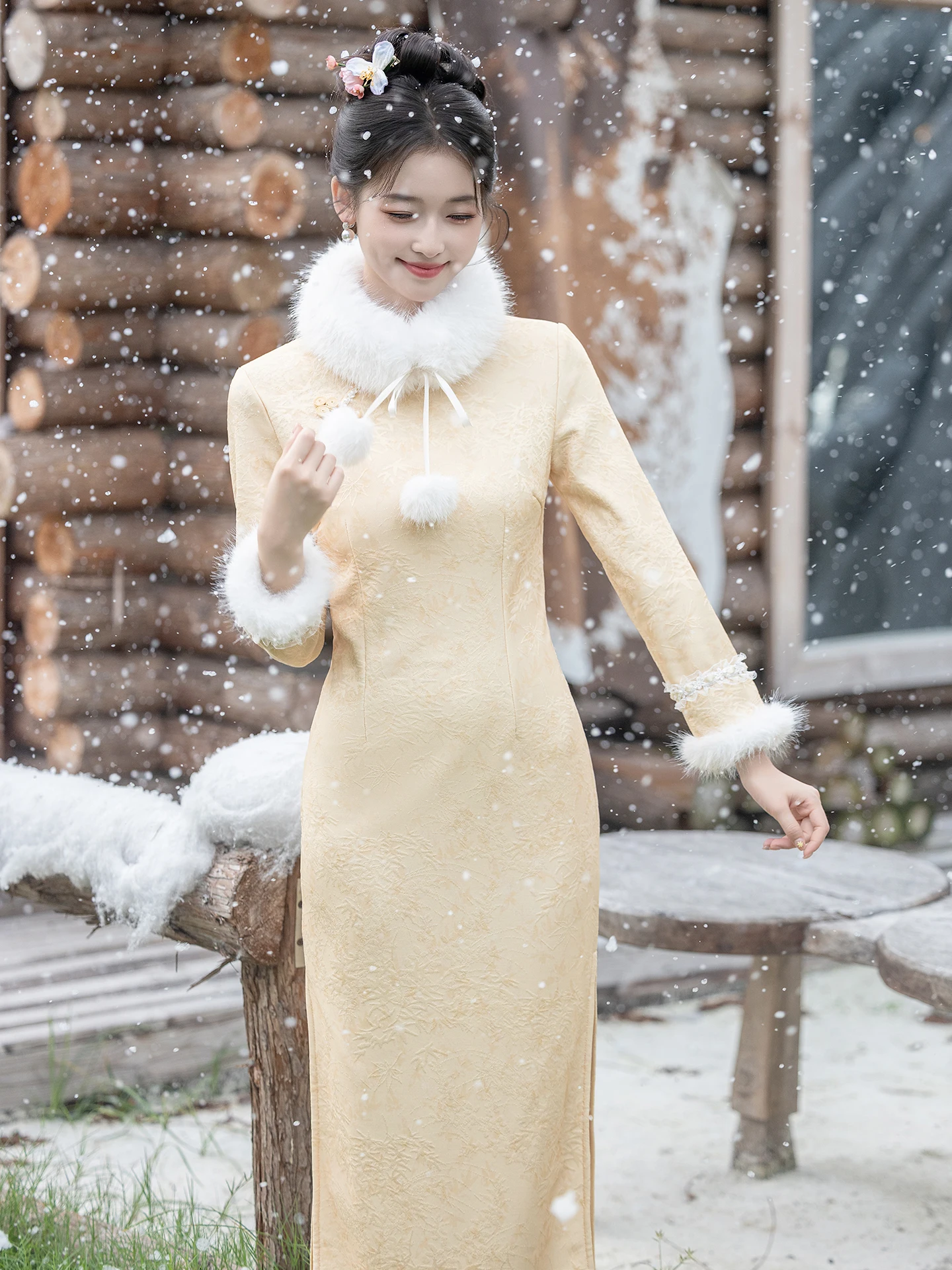 

Желтое винтажное китайское платье-ципао с длинными рукавами, утепленное, для повседневной носки, теплое и комфортное, длинное платье-халат