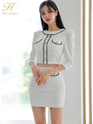 H Han Queen Autumn Two Piece Set For Women Simple Short Tops And Bodycon Pencil Short Skirts Korean Office Party Women's Suits