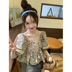 Vintage Cropped Print Shirts Women Elegant Square Collar Puff Short Sleeve Blouses Summer Streetwear Korean Bandage Crop Tops