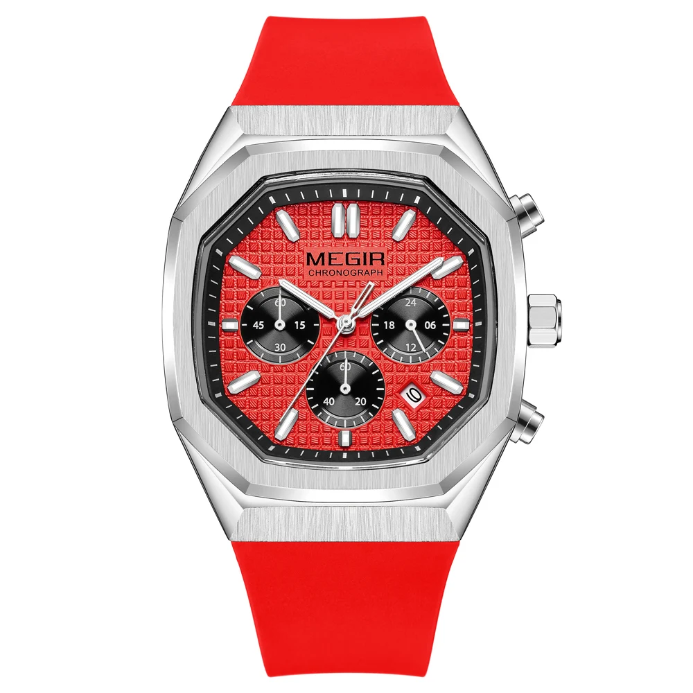 MEGIR Octagon Dial Silicone Strap Watch for Men Casual Yellow Chronograph Quartz Male Student Wristwatch with Date 24-hour 2215