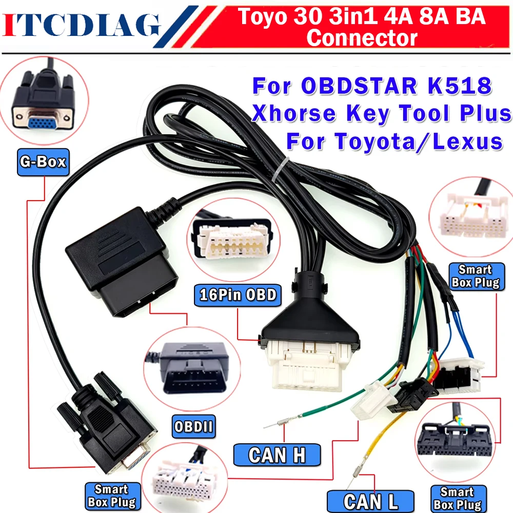 

Смарт-ключ Toy30 4A 8A BA 3 в 1, 16-контактный OBD-кабель для Toyota, Lexus Fit, OBDSTAR K518, Xhorse Key Tool Plus